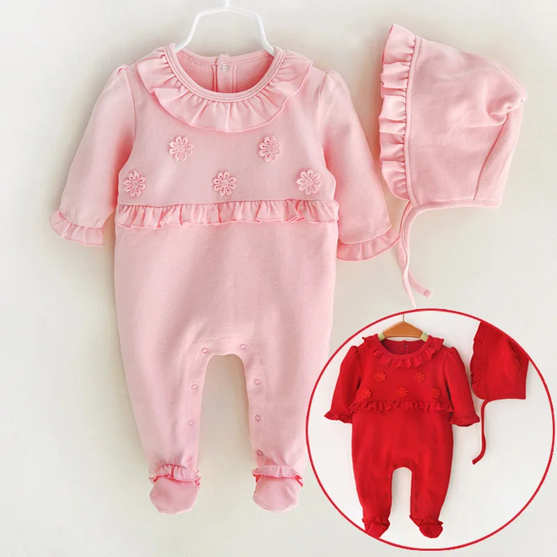 Хлопковый комбинезон для новорожденных девочек с рюшами, красный, розовый, 1 предмет, джемпер, одежда для сна, Подарочный комплект на день рождения для маленьких девочек 3 м 6 м 9 м