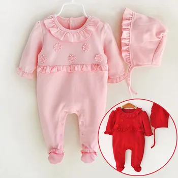 

Newborn Baby Girl Cotton Footies With Cap Ruffle Red Pink 1piece Jumper Sleepwear Infant Girls Birthday Gift Set 3m 6m 9m
