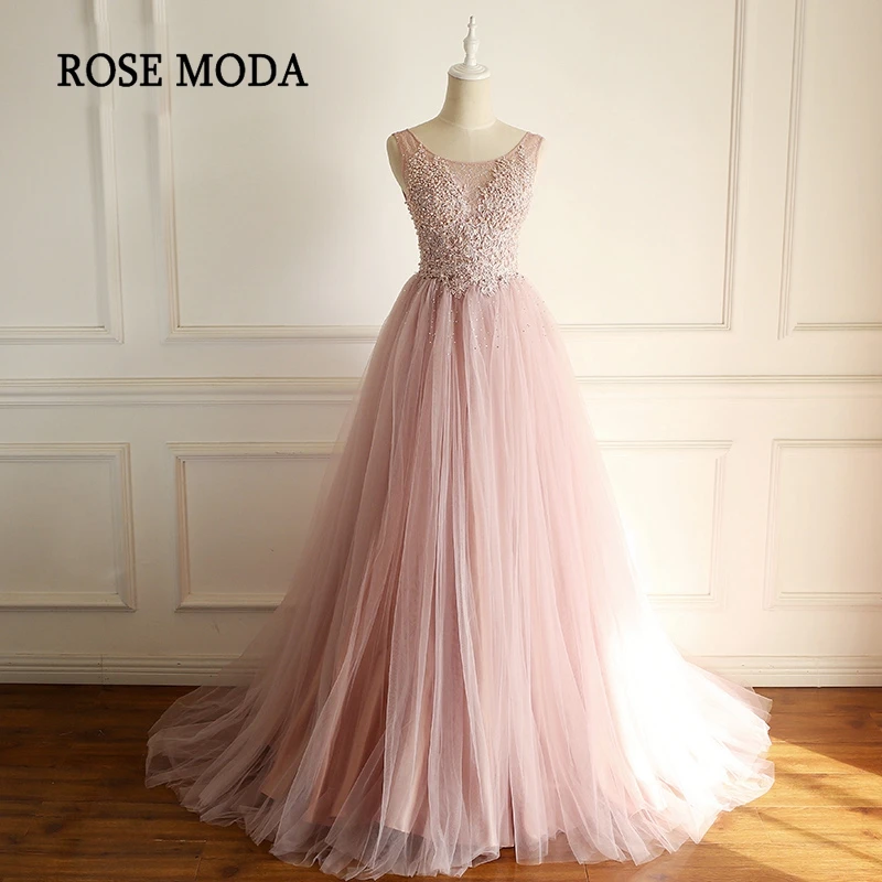 

Rose Moda Formal Pink Evening Dress Crystal Beaded Lace Long Evening Dresses 2018 Custom Made