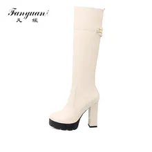 Fanyuan/ г. женские сапоги до колена, на молнии, с квадратным толстым высоким каблуком, с круглым носком, высокие зимние женские сапоги для верховой езды, размер 33-43