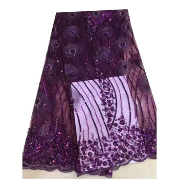 

Peacock Feather African Lace Fabric 2019 New Embroidery Flower French Lace Fabric With Pearls Nigerian Lace For Dress 5Yards