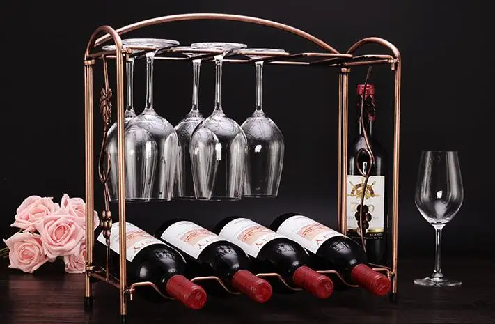 Deal Tabletop Wine Bottle Rack Holder Countertop Wine Glass Stemware Metal Rack 4 Wine Bottle Storage Holder Display Stand