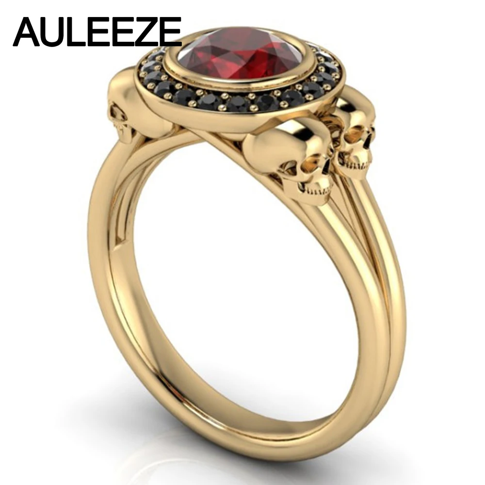 

Halloween Vintage Skull Natural Red Garnet Engagement Ring Solid 10K Rose Gold Onyx Ring Halo Black Agate Split Shank Party Ring