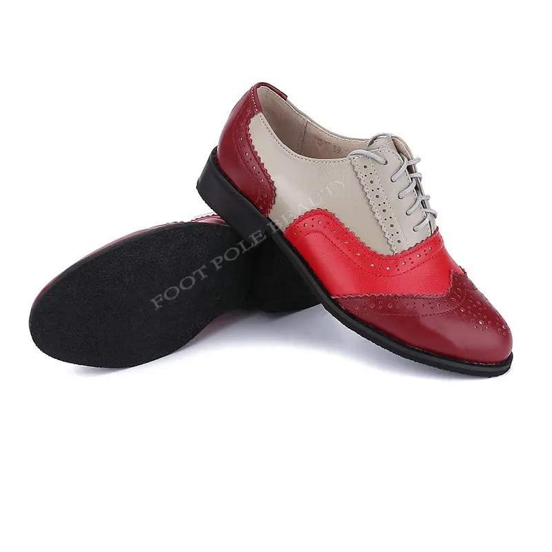 Женские туфли-оксфорды из натуральной кожи; дизайнерские винтажные туфли на плоской подошве с Bullock; женские кожаные туфли на плоской подошве с круглым носком; большие размеры - Цвет: Red gray