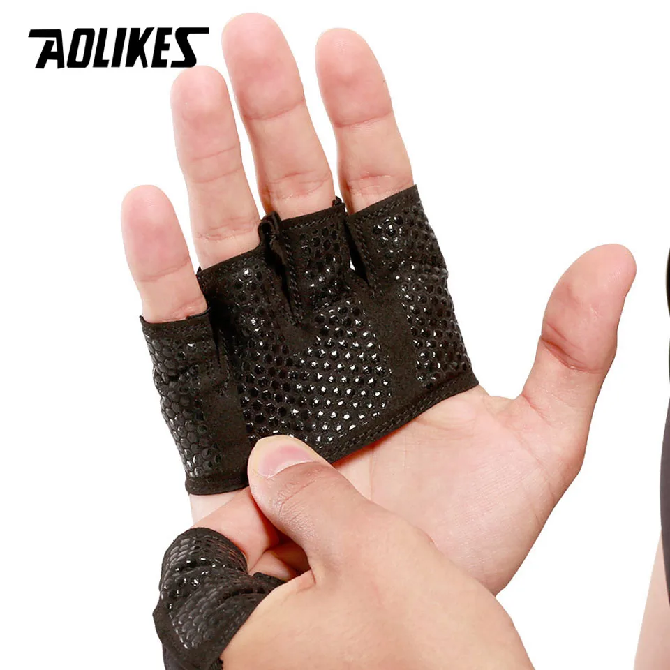 AOLIKES, 1 пара, перчатки для кроссфита, для спортзала, четыре полупальца, для женщин и мужчин, перчатки для тренировки, силовая тяжелая атлетика, бодибилдинг, защита рук - Цвет: Black