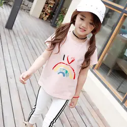 2018 новые летние детские футболки с принтом для девочек Детские хлопковые удобные милые короткие-Футболка с рукавами От 4 до 14 лет