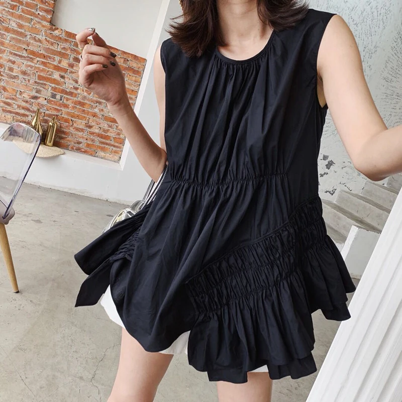 

2019 Summer Round Collar Elegant Women Shirts Irregular Lotus Leaf Edge Female Sweet Sleeveless Shirts