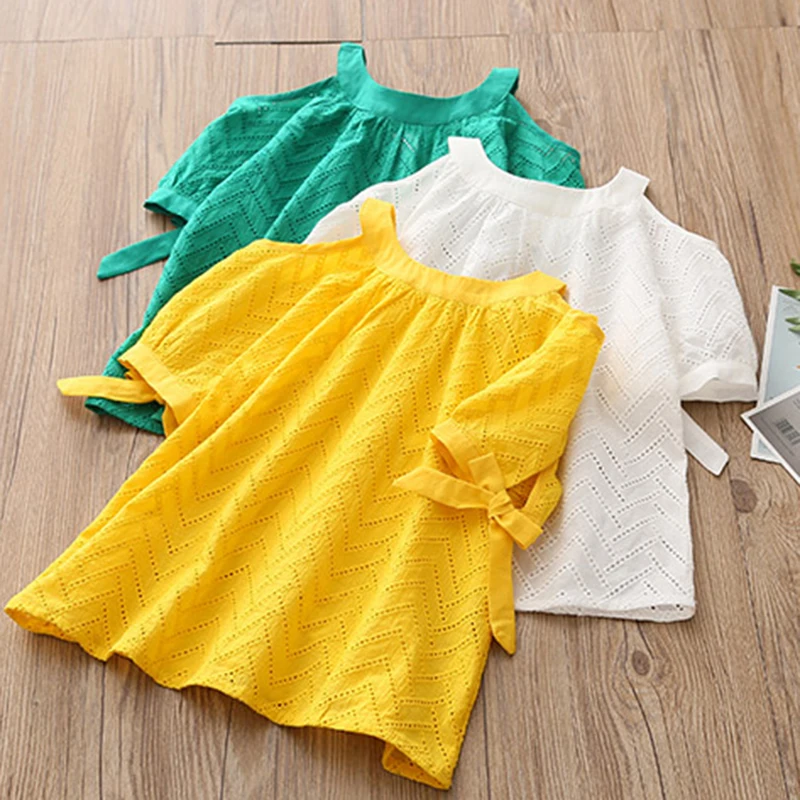 Для школьниц Кружева рубашка лето хлопок лук дизайн середине рукава блузка для девочек повседневные Летние Топы Camisa de Ниас 2-12Yrs