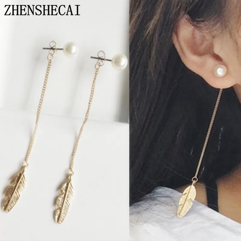 

Long Drop Tassel Earring Gold Color Hanging Leave Pendant Imitation Pearl Simple Chain Earring Jewelry For Women Girl Gift e0329