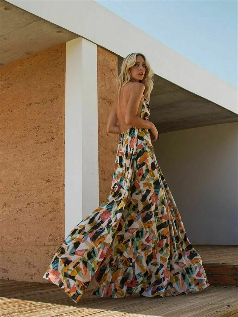 

Sexy Women Long Maxi Summer Dress Sleeveless Backless Female Holiday Beach Sundress Square Printed Ladies Fashion Dress