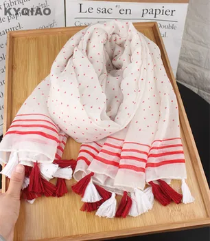 

KYQIAO designer long white dot scarf women autumn winter Japan style sweet long white red tassels dot print neck scarf muffler