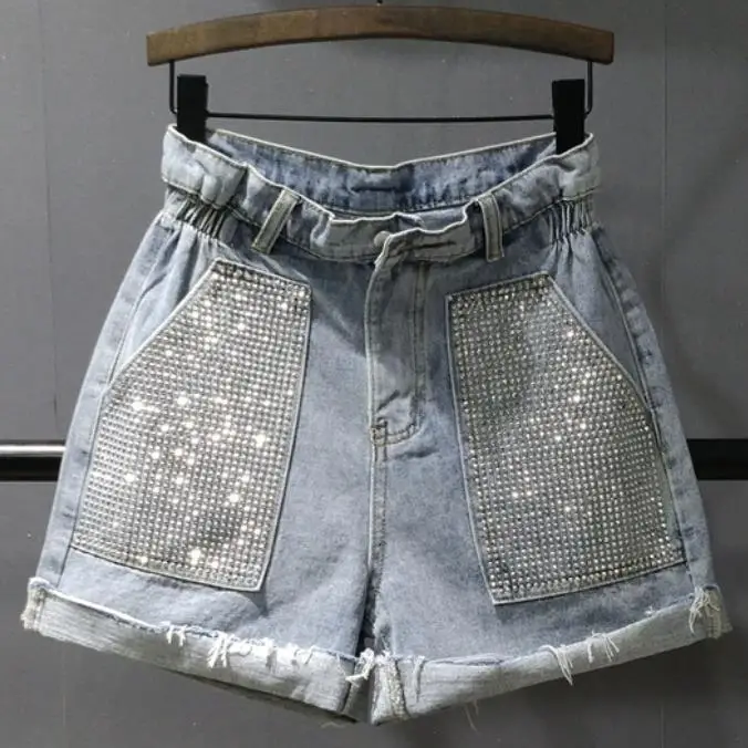 

Denim shorts women high waist 2019 new fashion summer loose diamond wide leg jeans shorts