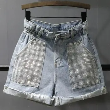 

Denim shorts women high waist 2020 new fashion summer loose diamond wide leg jeans shorts
