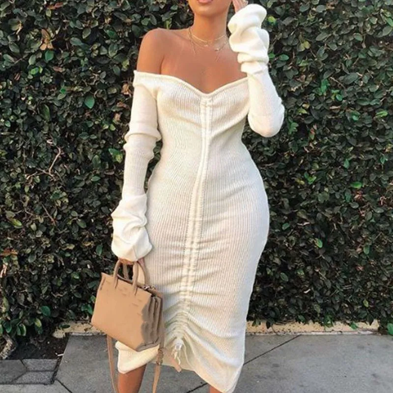 

Autumn Women White Off Shoulder Party Dress Long Sleeve Drawstring Pencil Midi Dress Knitted Bodycon Dress