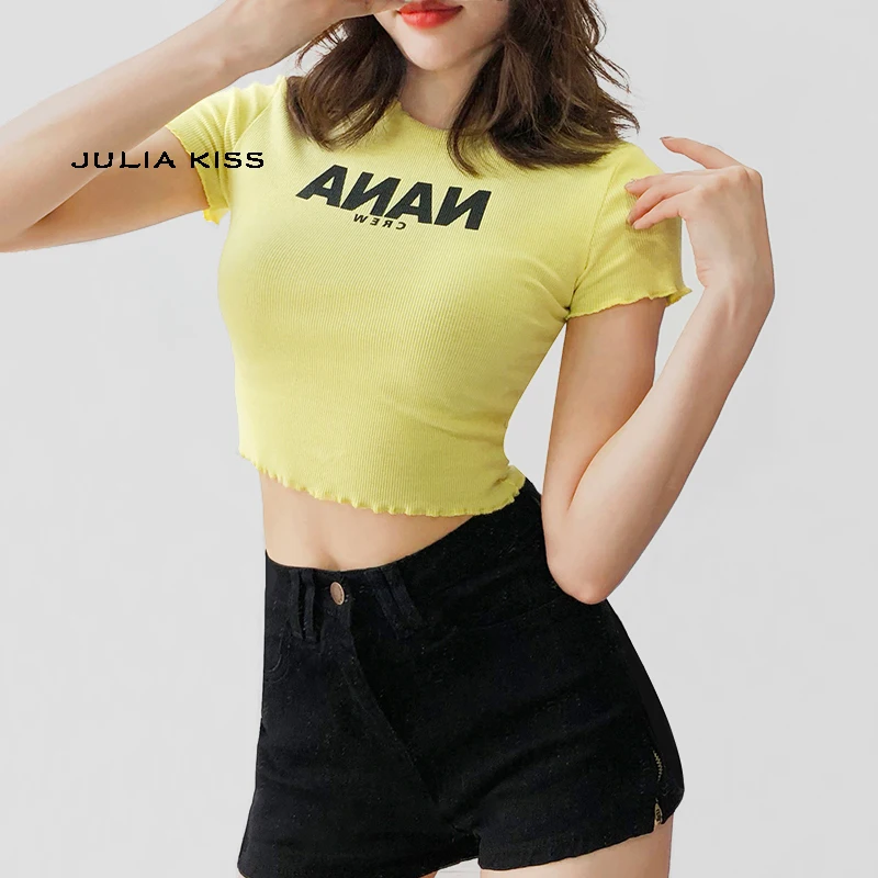 

Women Letter Print Crop Tee with Frill Trimming
