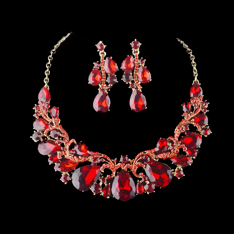 Bridal Wedding Jewelry sets Wine color Crystal Necklace