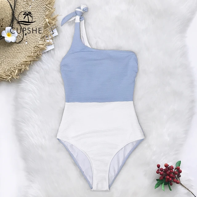 {Excellent|Wonderfull|Very Good|Very Recommended} CUPSHE Blue And White Colorblock One Shoulder One-Piece Swimsuit 2019 Women Tied Bow Monokini Swimwear Special Offers