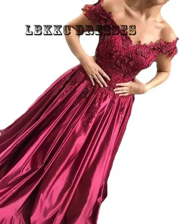 

Elegant Burgundy Satin Evening Dresses Long Off Shoulder 3D Flora Flowers Lace Appliques Special Occasion Prom Party Gowns 2019