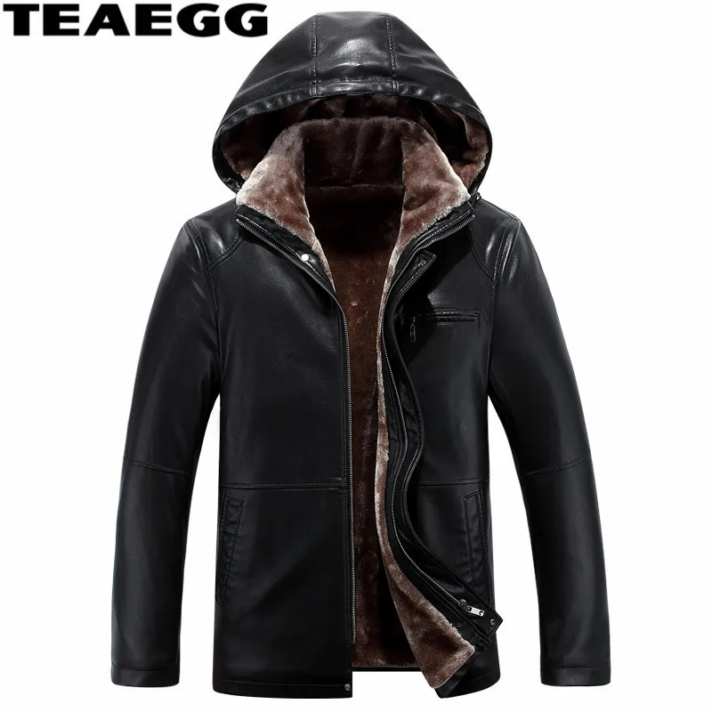 

TEAEGG Black Faux Leather Jackets Men Jaket Homme Hat Detachable Chaqueta De Cero Hombre Fur Coat Man Clothes Overcoat WarmA1526