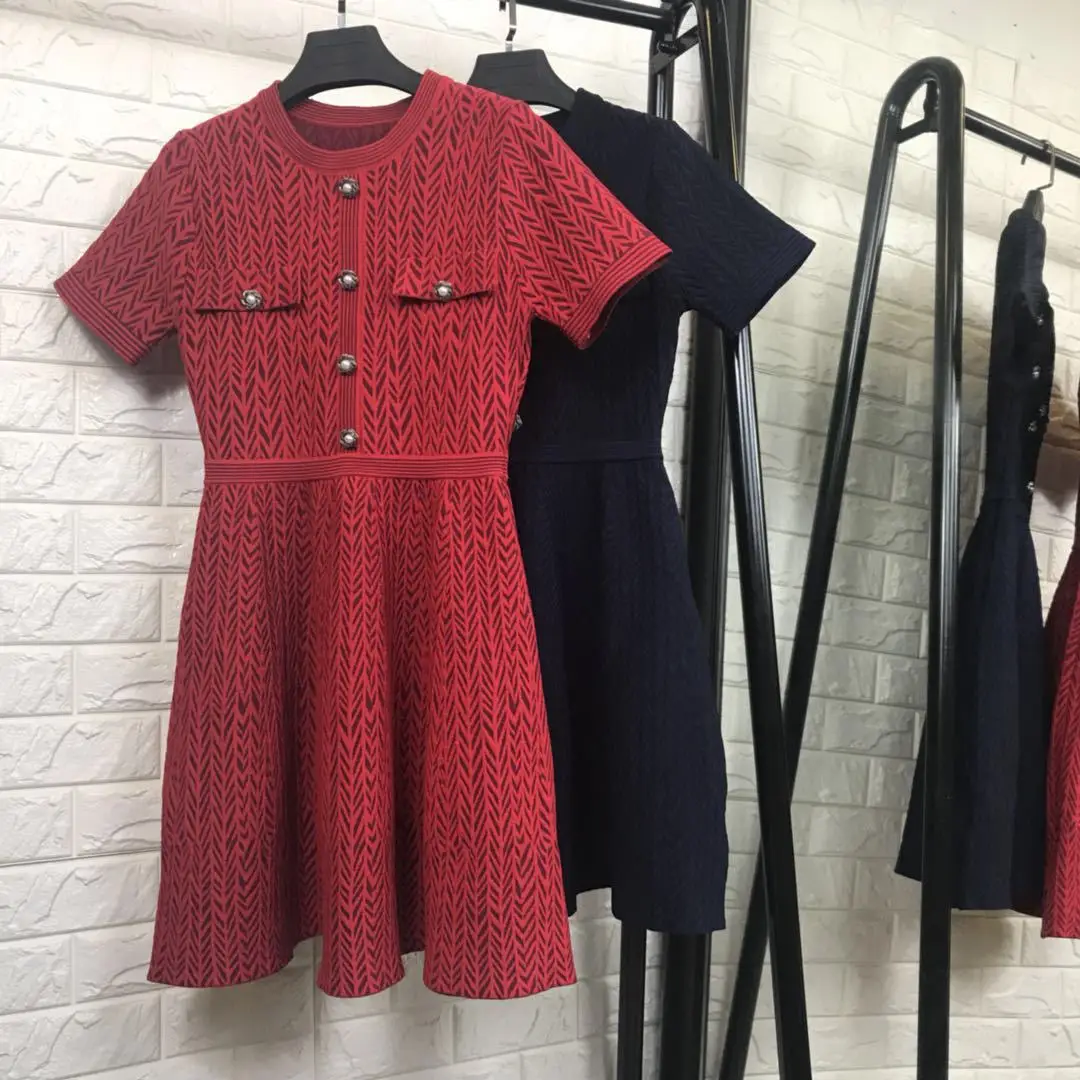 

Women fashion short sleeve fit and flare knit sweater dress sexy gold color buttons jacquard dresses new 2018 autumn blue red