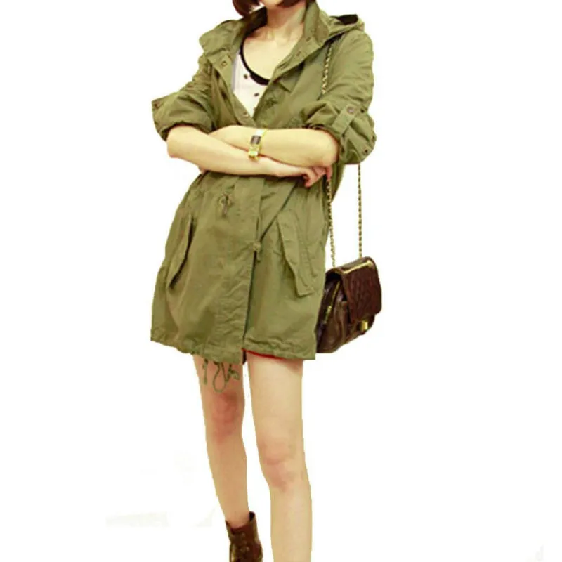 Женская Весенняя Осенняя армейская зеленая Военная парка Тренч пальто с капюшоном куртка с капюшоном