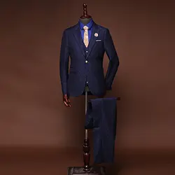 Синий жаккард костюм мужской костюм из трех предметов тонкий костюм профессиональный костюм жениха дружки торжественное платье