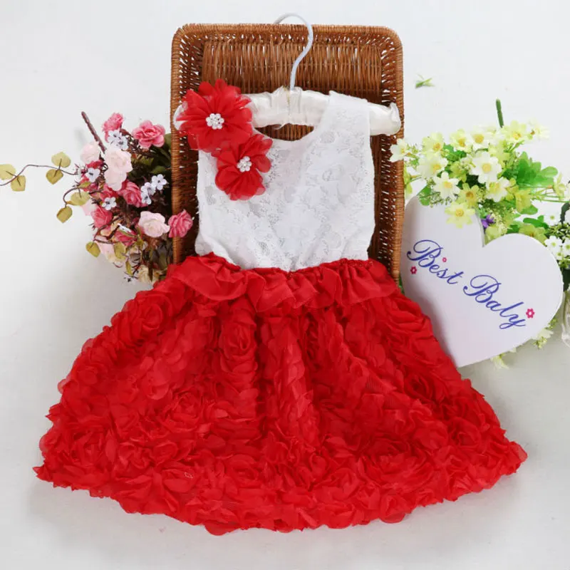 

retail New girl party dress white red kids lace rose flower beautiful princess girl party dress  free shipping D21