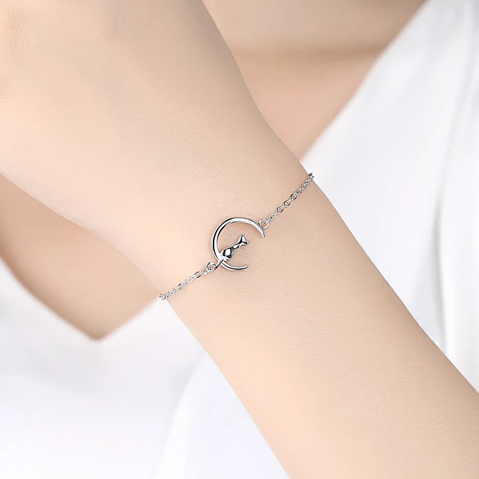ELESHE Authentic Real 925 Sterling Silver Bracelet with Cute Animal Cat & Moon Charm Bracelets & Bangle Wedding Fashion Jewelry