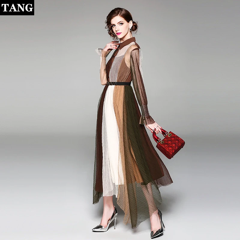 

TANG Temperament elegant Dress 2019 Summer Women Lapel Single-Breasted Ruffled Sleeves Hollow Mesh Dress Vestido