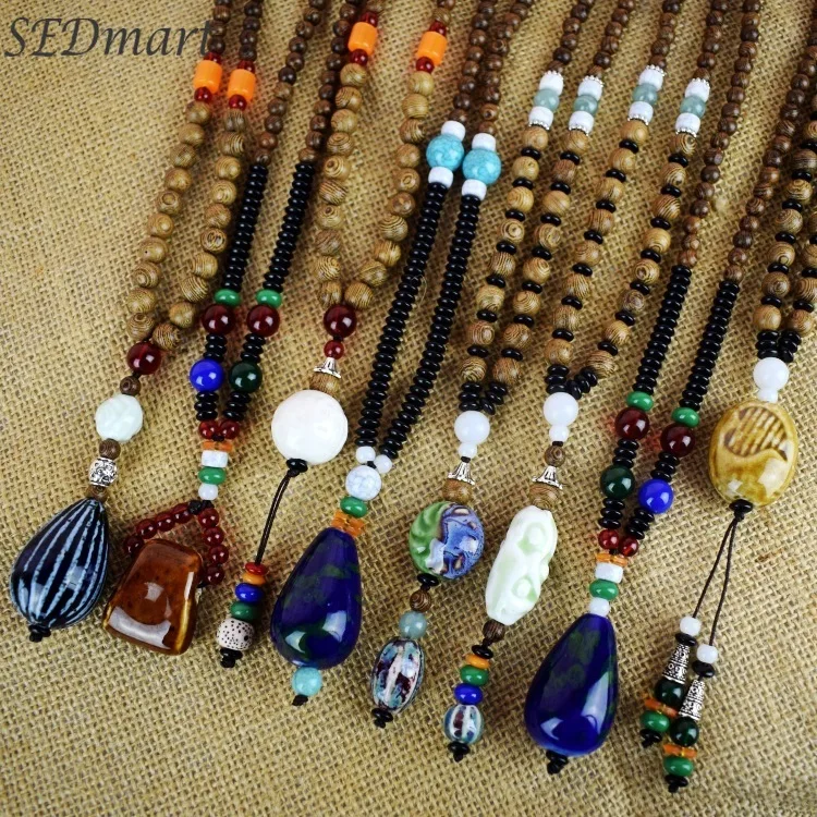 

SEDmart Ethnic Style Wood Beads Bodhi Pendant Necklace for Women and Girls Literary Long Sweater Chain Jewelry Gift Dropship Hot