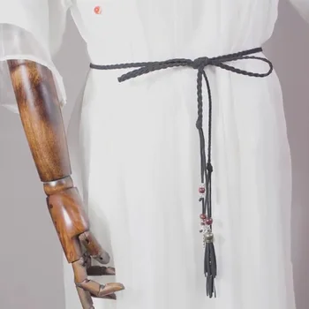 

New design Ladies fashion woven waist rope versatile dress tassel wood beads silver buckle pure handmade decorative woman belt