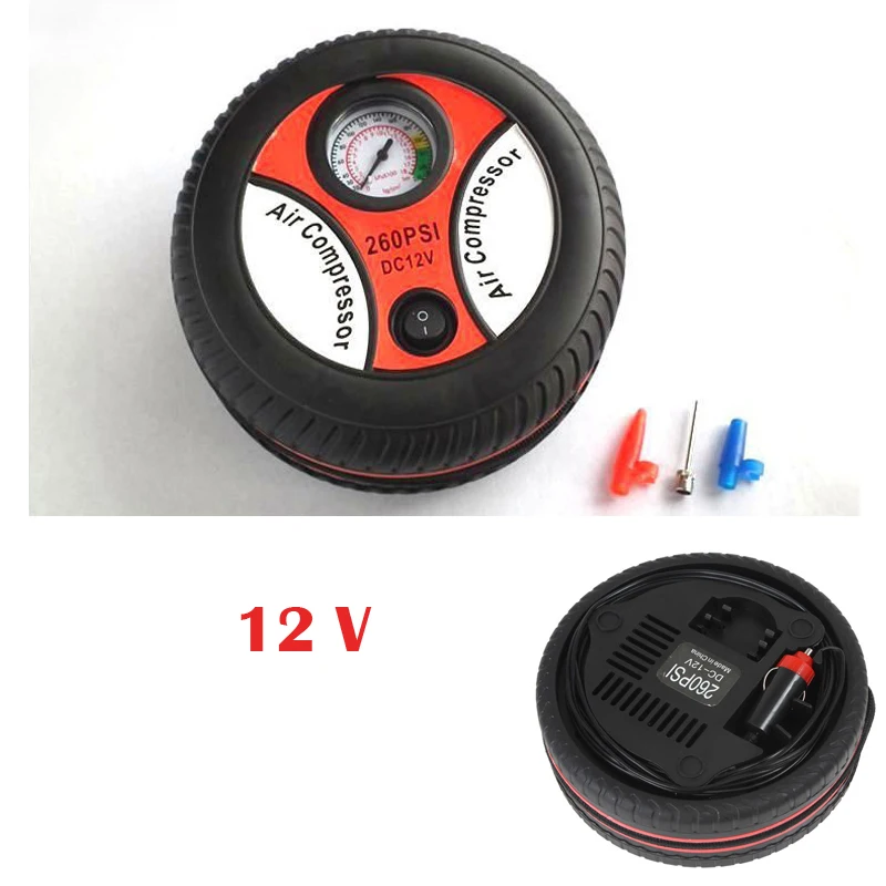 New Round Inflatable Portable 12V Tire Inflator Car Air Compressor Pump Auto 260PSI 3 x Nozzle Adapter High Quality