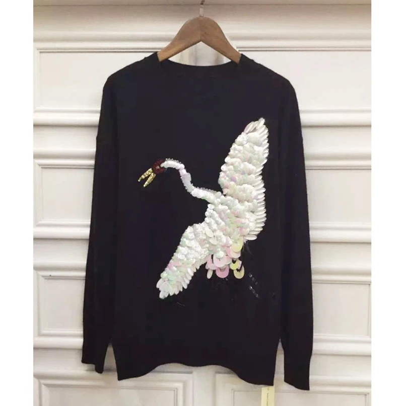 

Spring 2017 New Arrival Clothes Women Swan Paillette Sweater Fashion Sequin Black Pullover Rhinestones Casual Top Female