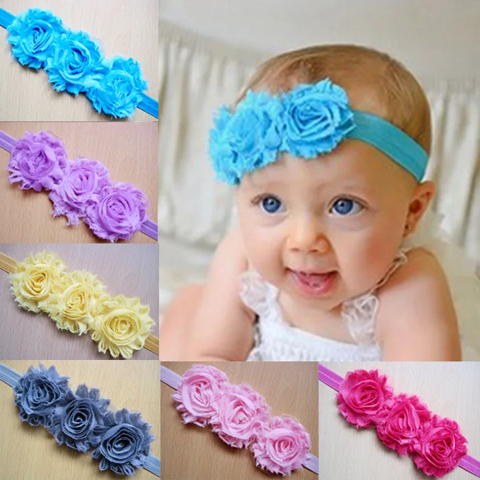 2017 wholesale newborn headbands satin roses 3pcs shabby flowers with headbands children girls