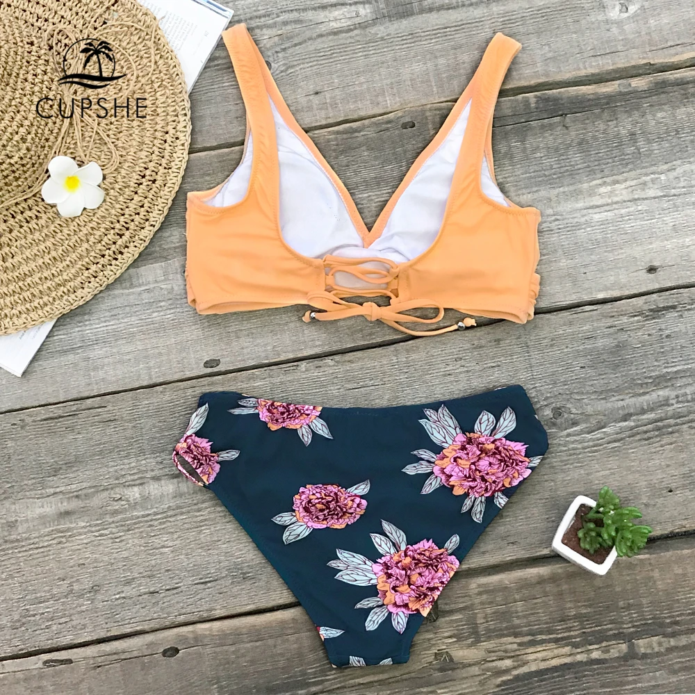 Günstige CUPSHE Orange Und Lila Blumen Spitze Up Bikini Sets Frauen Boho Zwei Stück Badeanzüge 2020 Mädchen Strand Badeanzüge bademode
