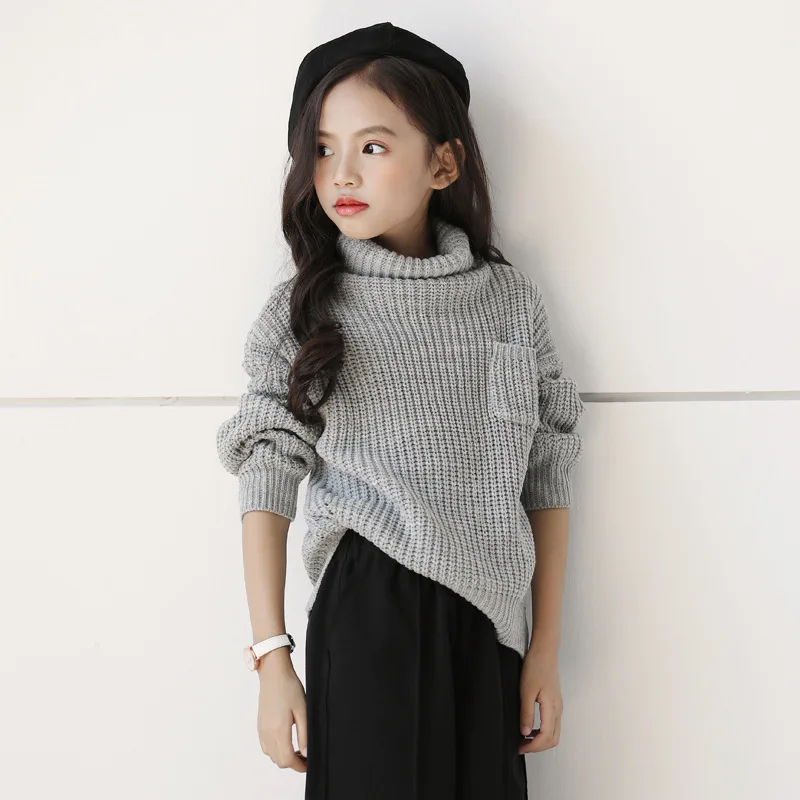 

2019 new autumn winter teenagers turtleneck sweater gray girls pullover knitted teenager clothes for 4~14 age children sweaters
