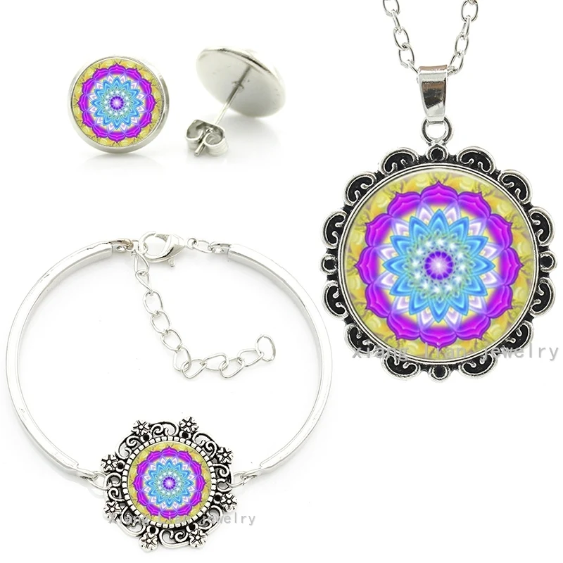 

Elegant charming ladies jewelry sets pretty sunflower mandala lace bracelet earrings necklace set Christmas New Year gifts HT019