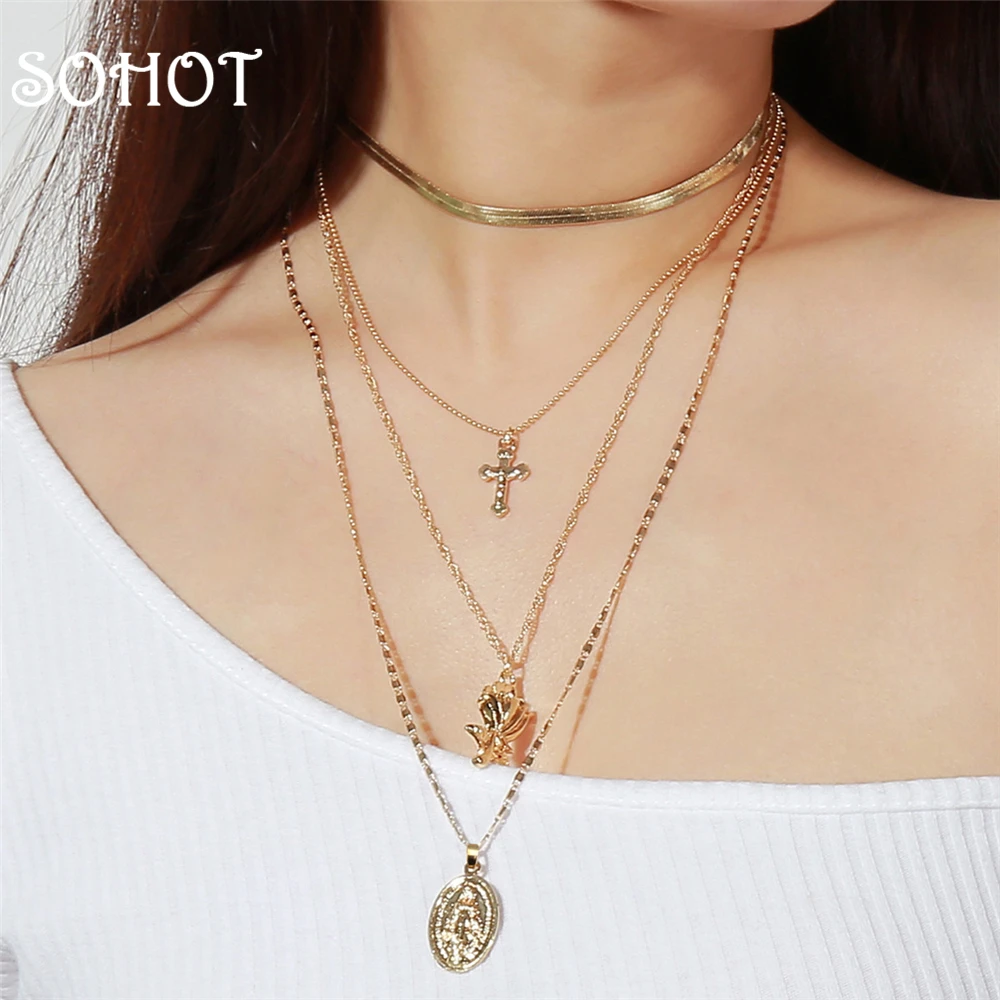 

SOHOT New Design Bohemian Style Multi Layers Pendant Necklaces Gold Silver Color Metal Rose Flower Jesus Cross Pendant For Women