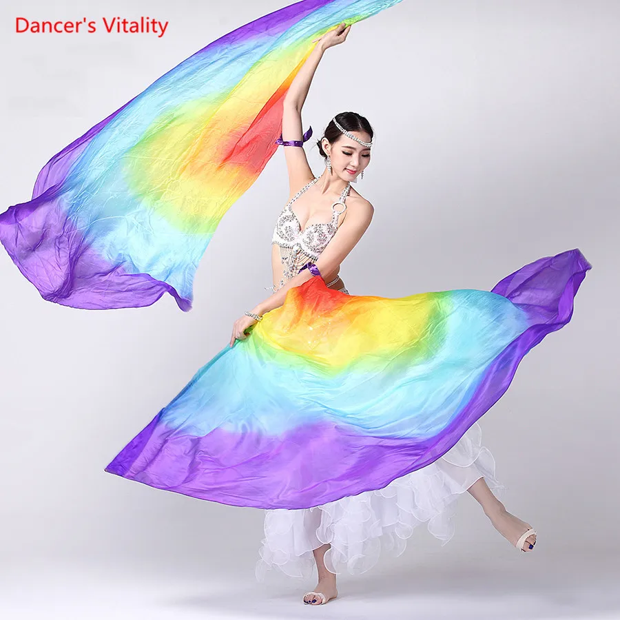

100% Silk Stage Performance Props 1 Pair Half Circle Silk Veil Dance Right/Left Hand Gold Belly Dance Veils Color Isis Wings