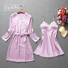 Inplusni Женская одежда для сна льда шелковое платье, Модный комплект из кружева слинг халат комплекты с v-образным вырезом и милыми cami пижамы сексуальная женская ночная рубашка, пижама, нарядное платье