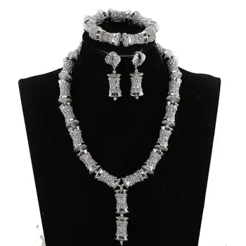 

Vintage Silver Cylinder Pendant Necklace Set Silver Accessory Slender Statement Jewelry Set for African Wedding QW1174-1