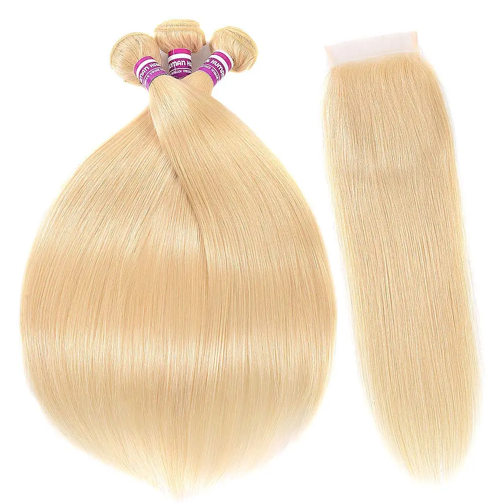 

3 Blonde 613 Bundles With Closure Human Hair Extension Brazilian Hair Weave Bundles Remy Hair Straight Wave Bundles With Closure