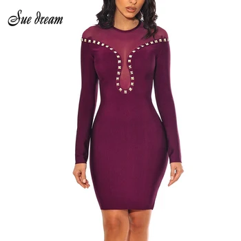 

2018 Winter New Women Bandage Dress Arrival Purple Long Sleeve Mesh Dress Bodycon High Quality Beading Dresses Wholesale Vestido