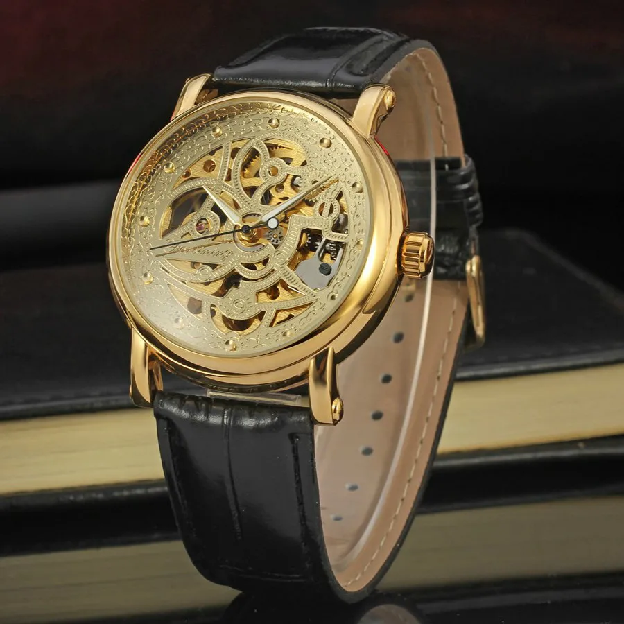 

Men's Winner Brand Luxury Transparent Self-winding Automatic Watches Men Black Genuine Leather Skeleton Male Mechanical Watch