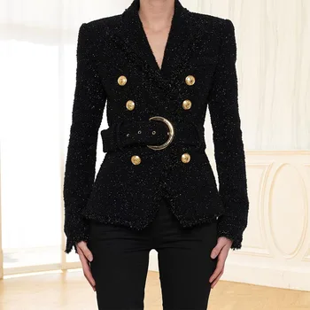

2019 autumn winter new women's black bright silk casual suit belts double-breasted plush small suit jacket fashion temperament