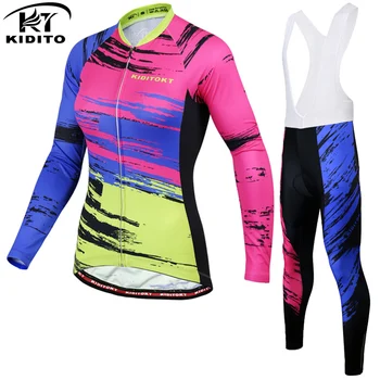 

KIDITOKT 2019 Women Long Sleeves Cycling Jersey Bib Sets MTB Bike Cycling Clothing Breathable Mountain Bicycle Cycling Suit