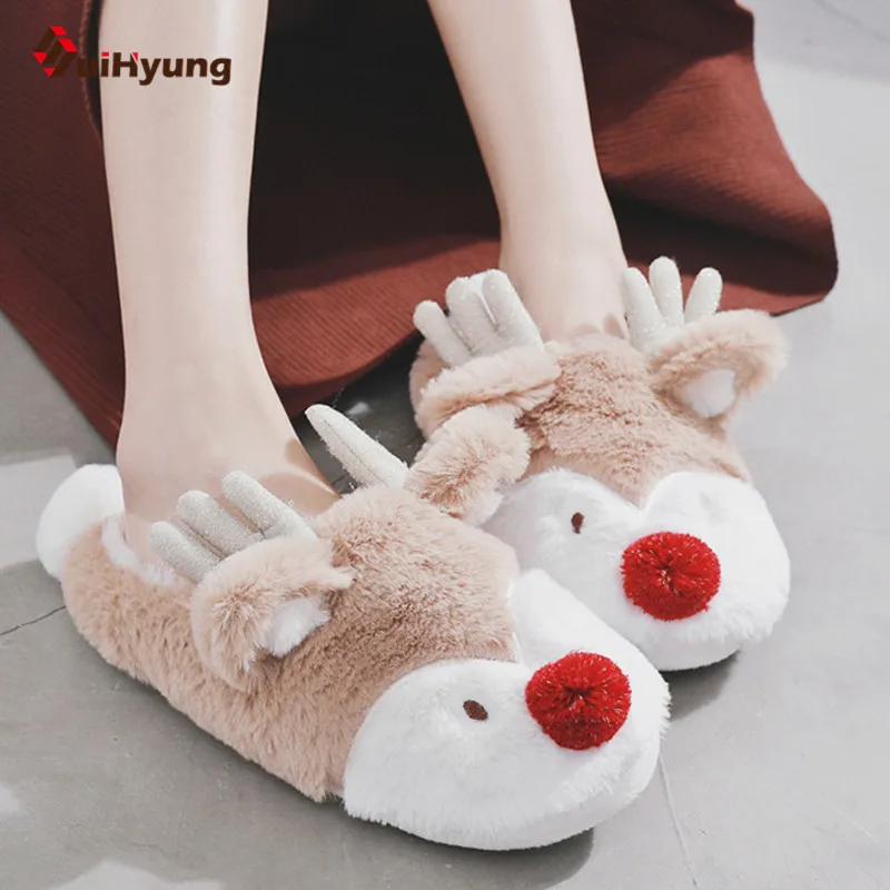 

Suihyung Winter Men Women Couple Cotton Slipper Cute Reindeer Plush Warm Indoor Shoes Soft Bottom Non-slip Home Bedroom Slipper
