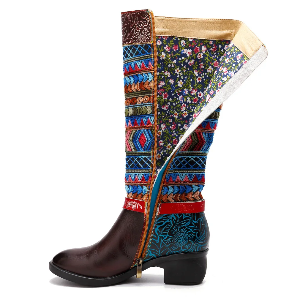 Stylesowner Hauteur Style Ethnique Authentiques Rétro Bout Femmes Nouvelles À Coffee Hiver Cuir Zipper Bottes Genou Tricot Rond En Bohème Long Du rq4rpTC