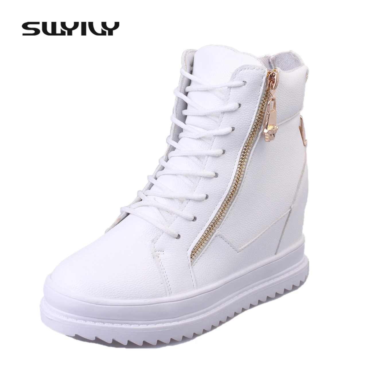 SWYIVY Women Sneaker White High Top Canvas Shoes Wedge Platform Sneakers Women Casual Shoes 2018 Winter Warm Cotton Padded 40