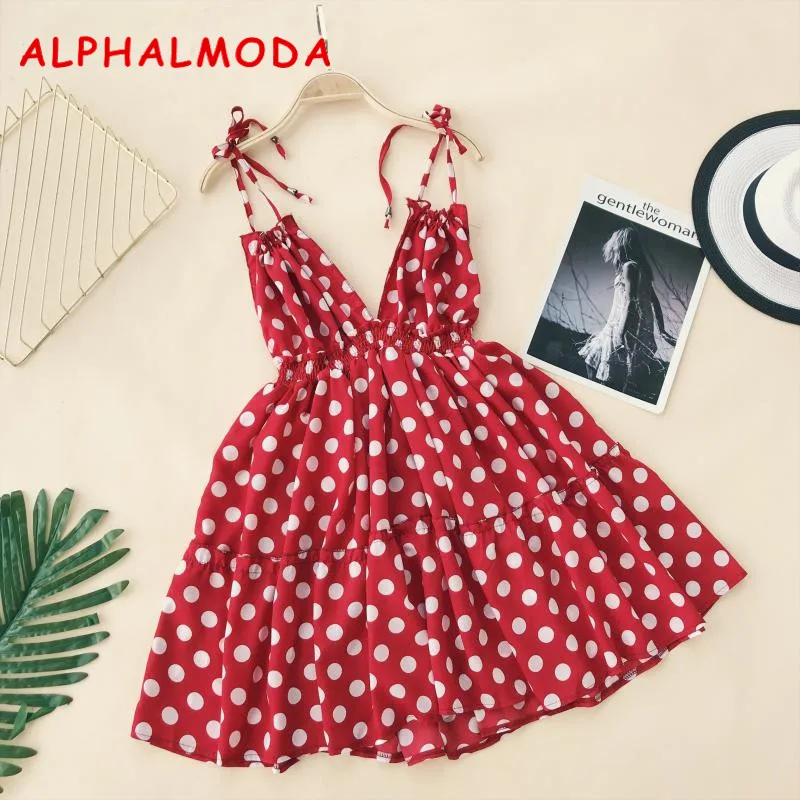 

ALPHALMODA Holiday Backless Sling Dress V-collar High Waist Polka Dot Printed Women Summer Beach Vestidos